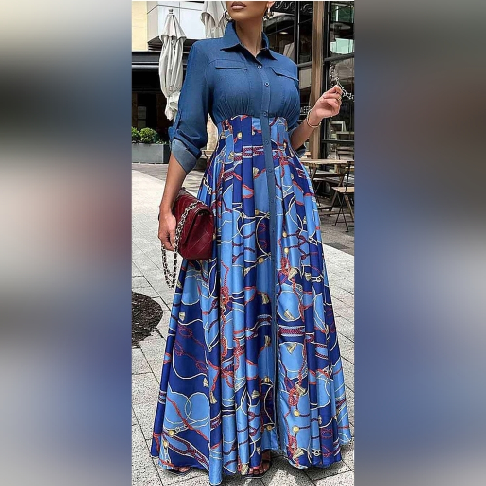 NWOT - Loragal Denim Patchwork A-Line Floral Print Pleated Blouse Maxi Dresses